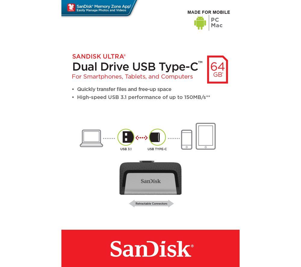 SANDISK Ultra USB Type-C & USB 3.1 Dual Memory Stick - 64 GB, Silver