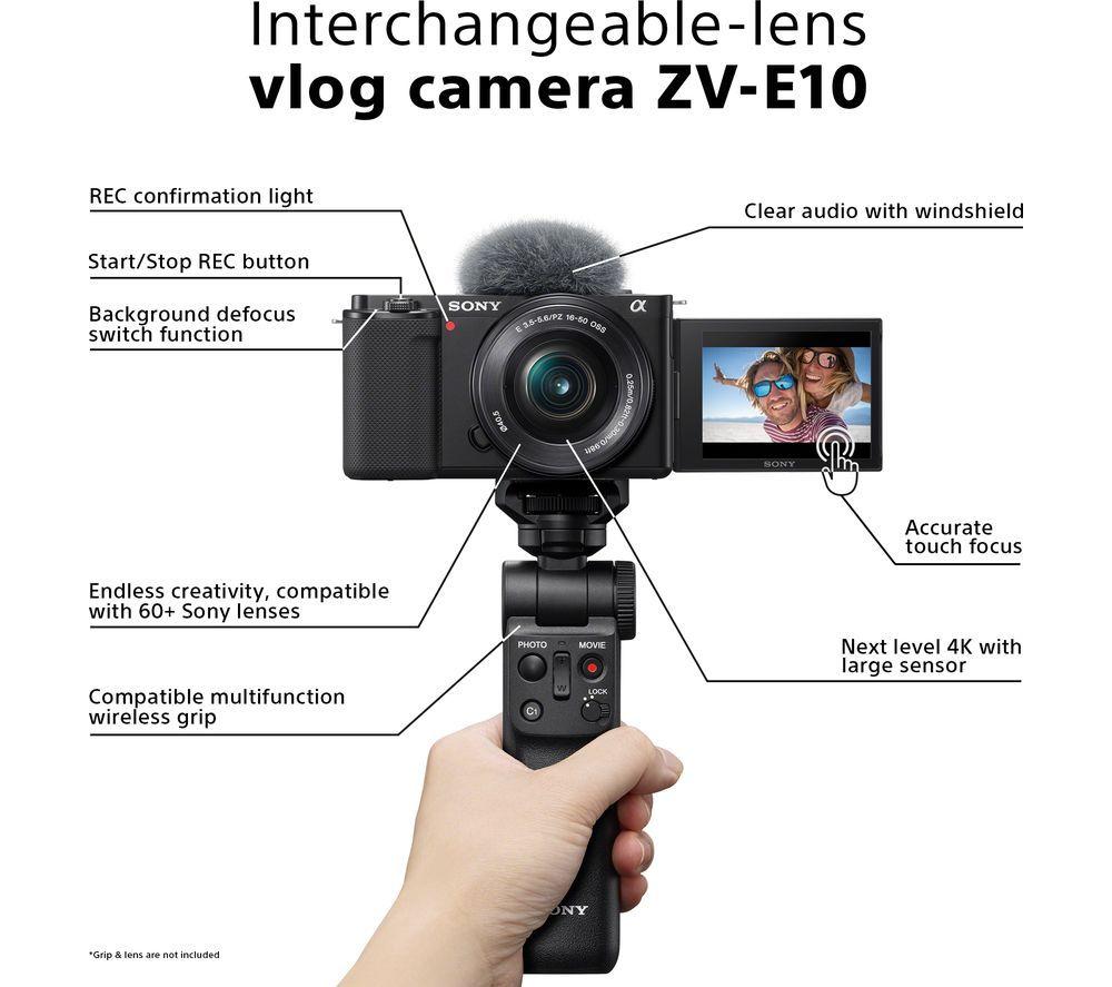 SONY ZV-E10 Mirrorless Vlogging Camera & GP-VPT2BT Shooting Grip Bundle - Body Only