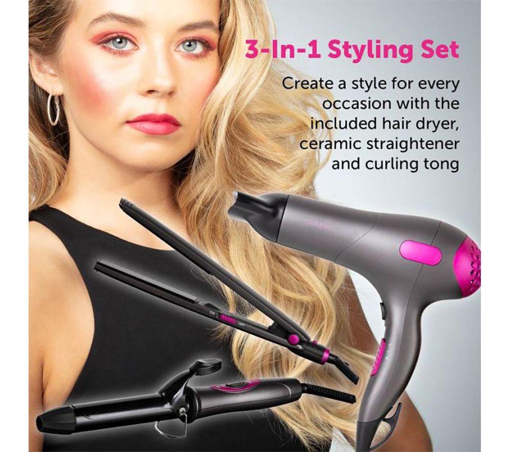 CARMEN Neon C81128 Hair Dryer, Straightener & Curling Tong Set - Grey, Purple & Black