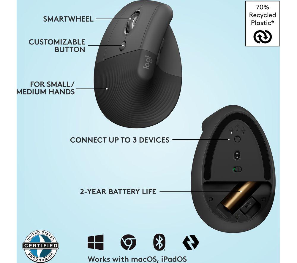 Ratón óptico ergonómico vertical LOGITECH Lift - Grafito, para zurdos