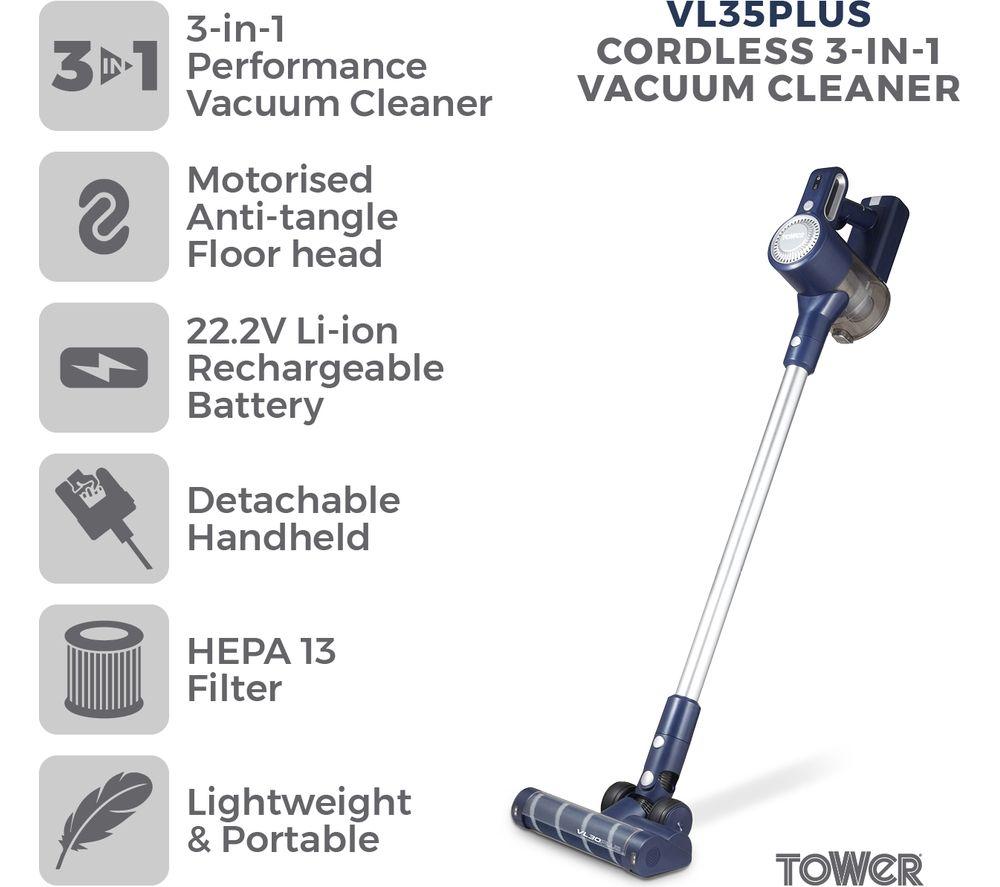 Aspiradora inalámbrica TOWER Plus Antienredos 3 en 1 VL35 - Azul y Plata