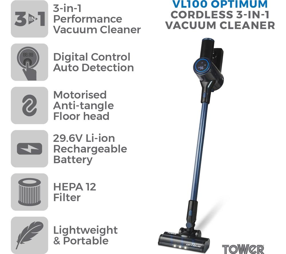 TOWER Optimum 3-in-1 VL100 Cordless Vacuum Cleaner - Blue & Black