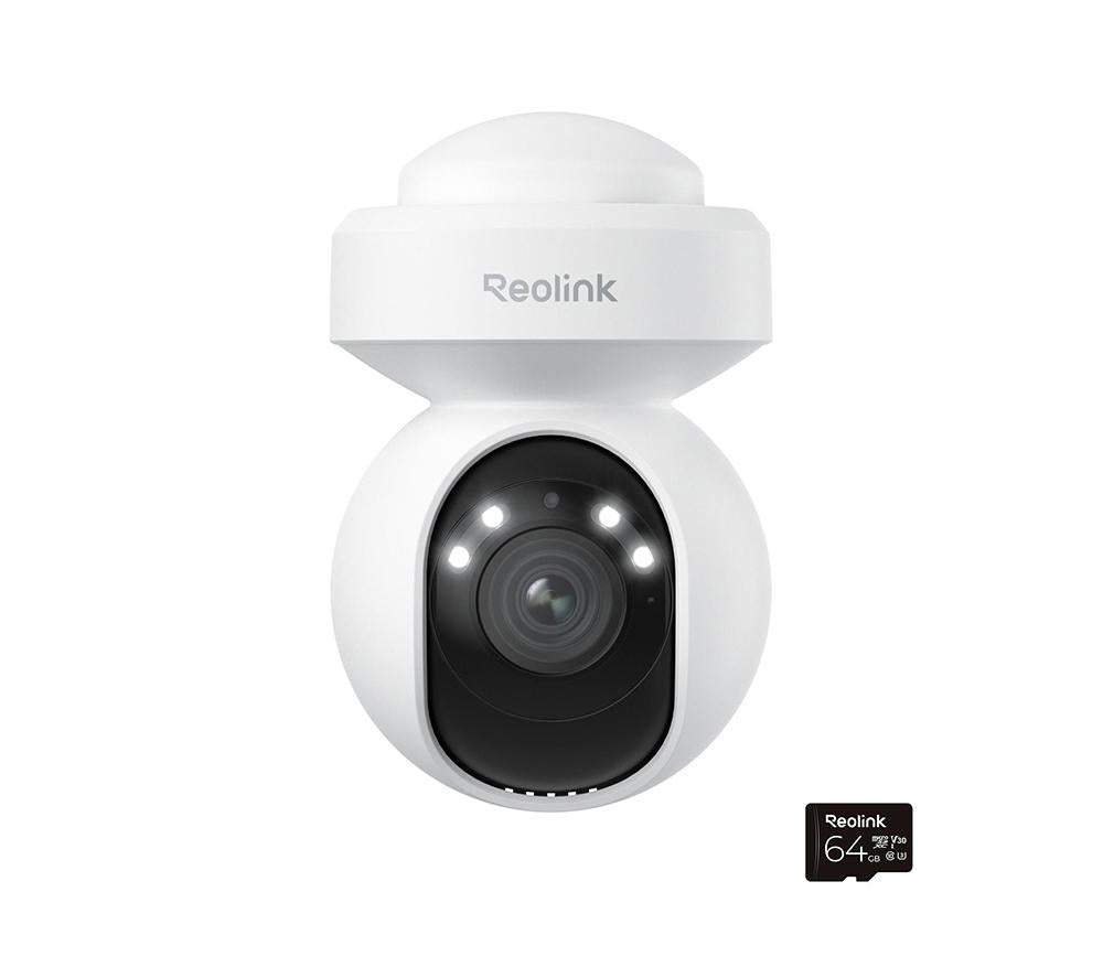 REOLINK E Series 2K+ PTZ Auto Track WiFi Outdoor Security Camera & 64 GB Memory Card - White