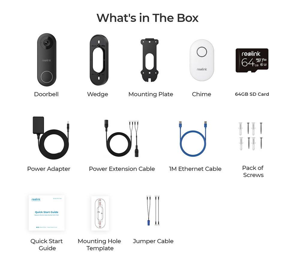 REOLINK D340W 2K+ WiFi Video Doorbell, Chime & 64 GB Memory Card - Black