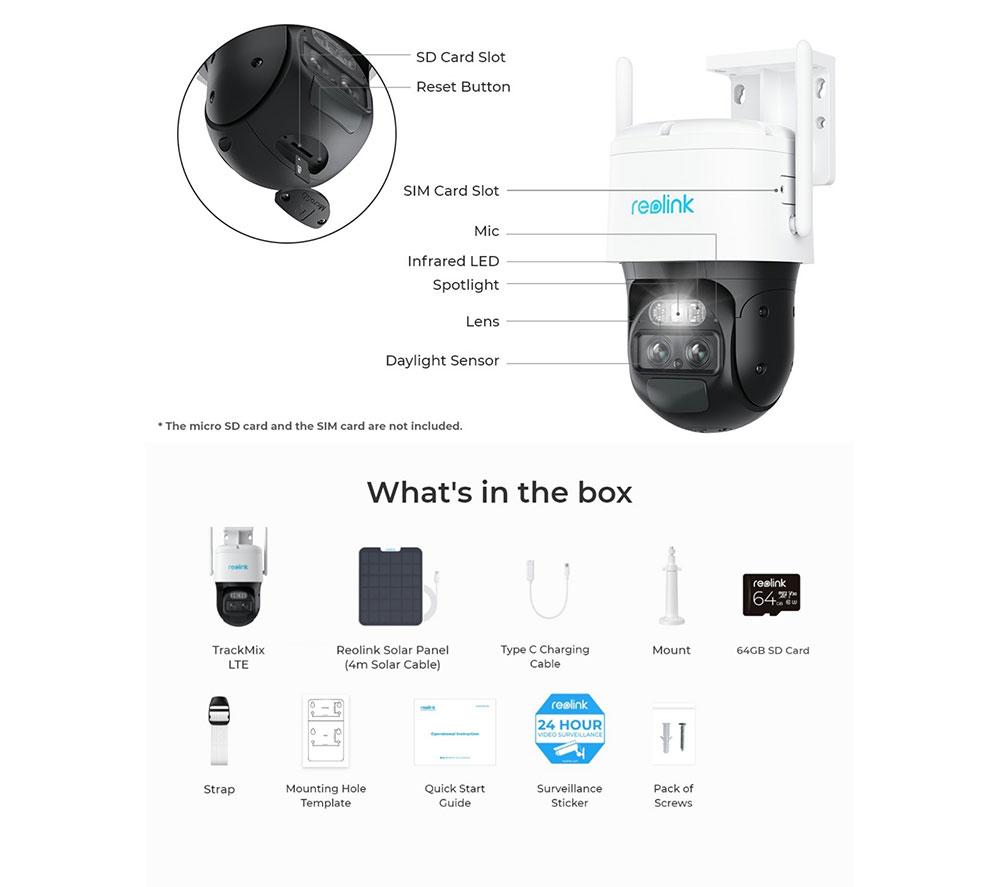 REOLINK TrackMix Series G770 4K 4G LTE Battery Outdoor Security Camera with Solar Panel & 64 GB Memory Card - White