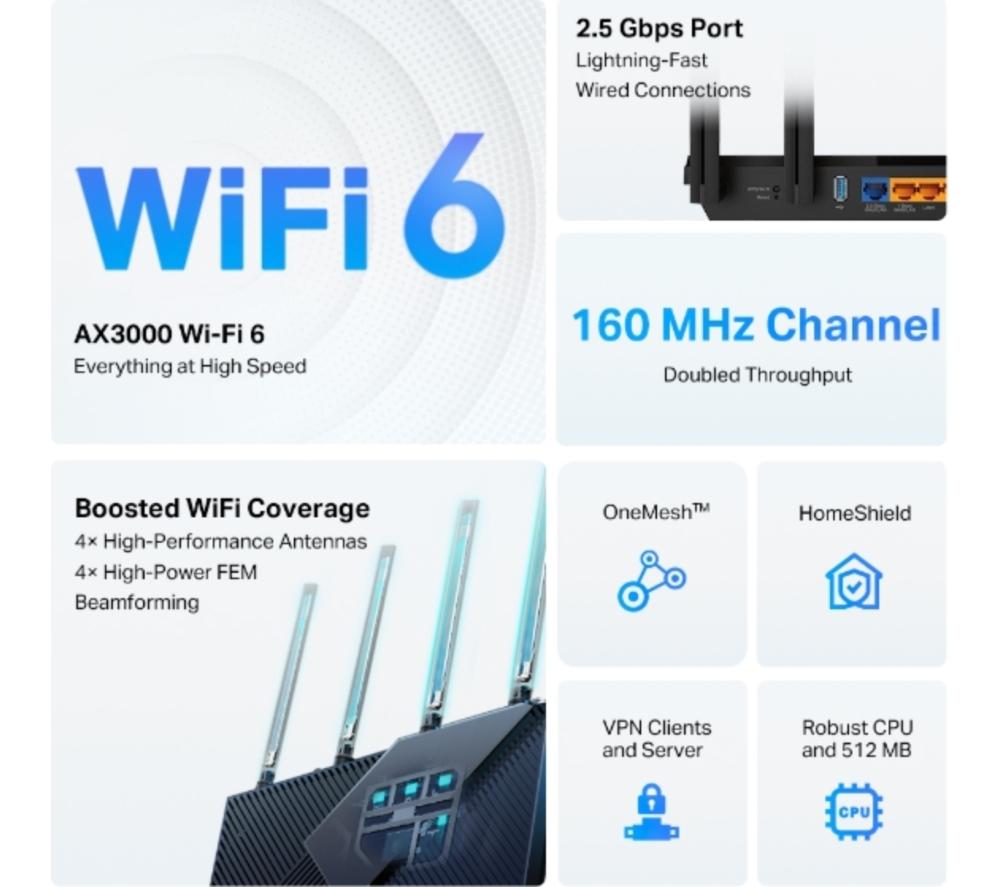 TP-LINK Archer AX55 Pro WiFi Cable & Fibre Router - AX 3000, Dual-band