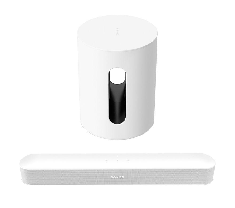 SONOS Beam (Gen 2) Compact Sound Bar & SUB Mini Wireless Subwoofer Bundle - White