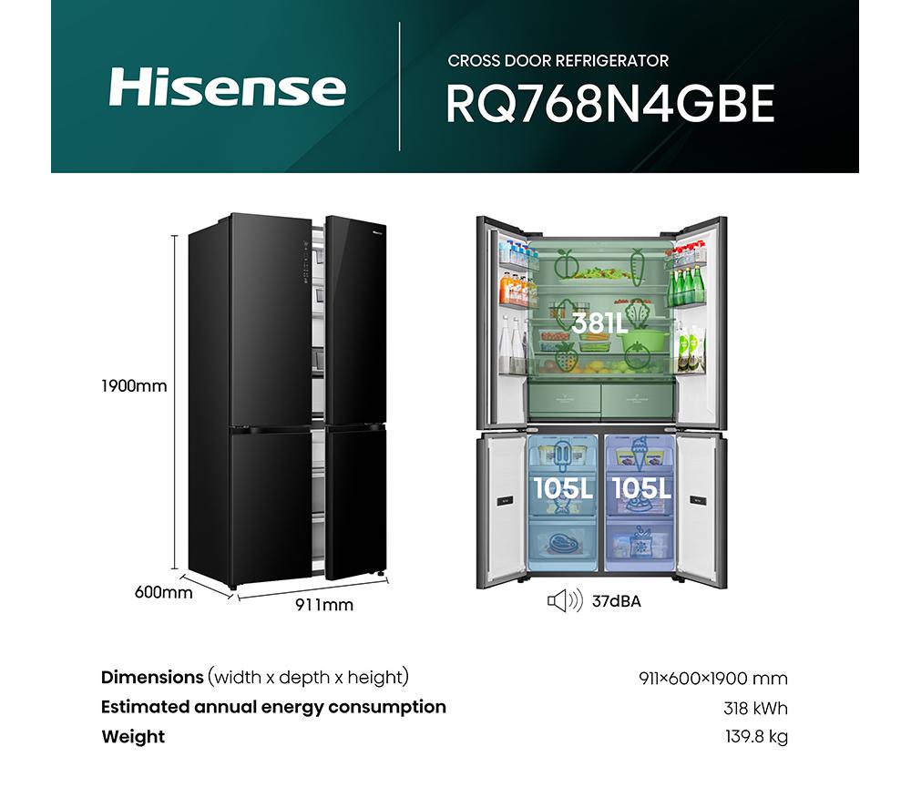HISENSE KitchenFit RQ768N4GBE Fridge Freezer - Black Glass