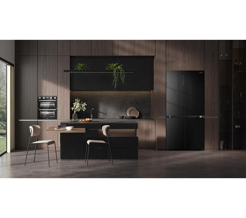 HISENSE KitchenFit RQ768N4GBE Fridge Freezer - Black Glass