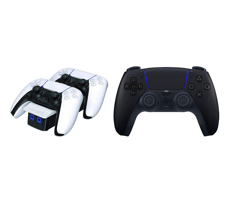 PLAYSTATION PS5 DualSense Wireless Controller (Black) & Twin Docking Station (White) Bundle