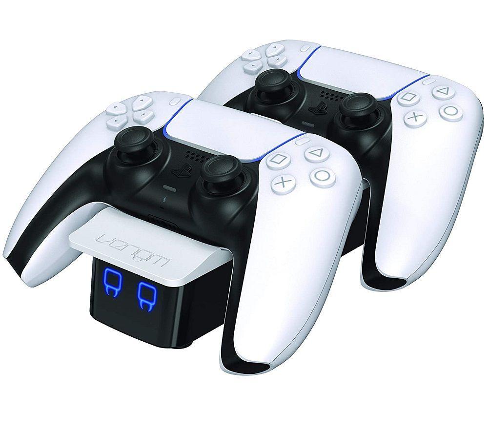Mando inalámbrico DualSense de PlayStation PS5 (gris) y base de carga doble (blanca)