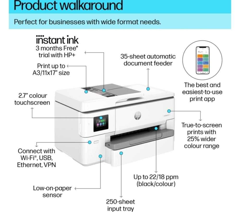 HP OfficeJet Pro 9720e All-in-One Wireless Wide Format A3 Printer | 3 Months Free Instant Ink with HP+