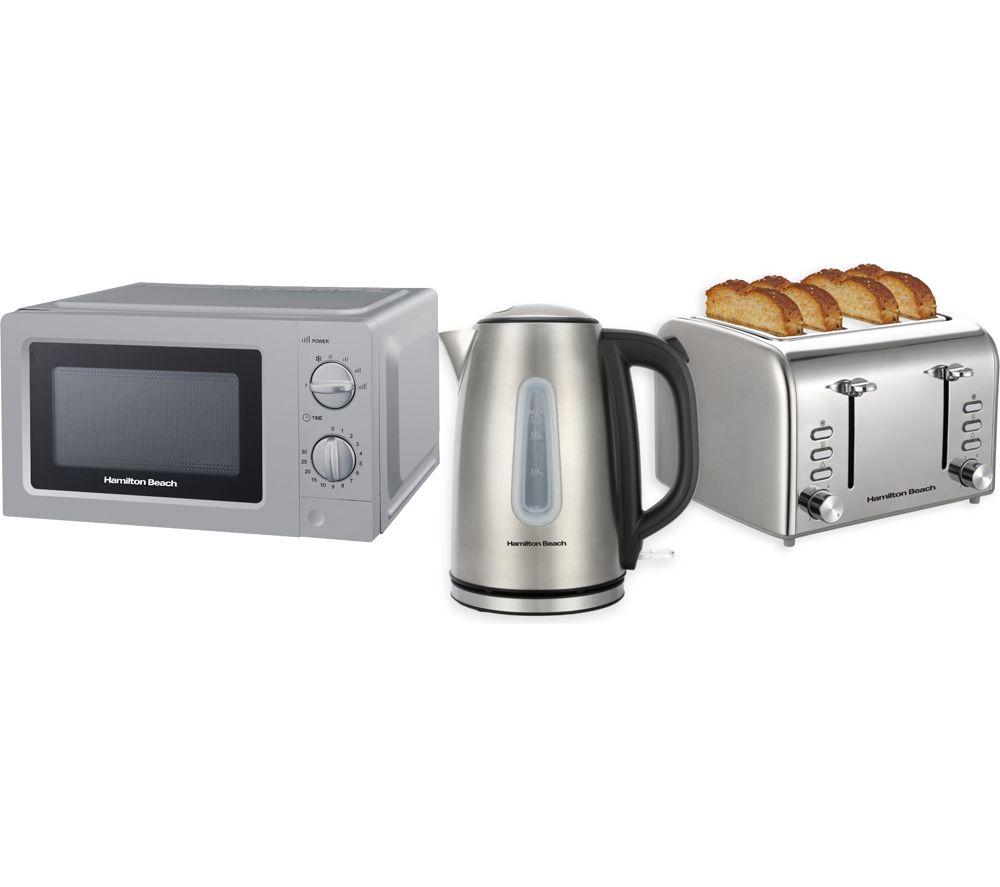 HAMILTON BEACH Rise Brushed HBKTMB Solo Microwave, Electric Kettle & 4-Slice Toaster Bundle - Silver