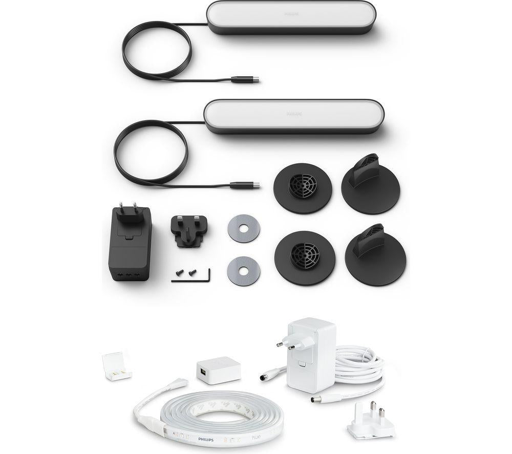 PHILIPS HUE Play Barras de Luz Inteligentes Blancas y de Colores Ambiance, Paquete Doble con Tira de Luz - Negro y Blanco