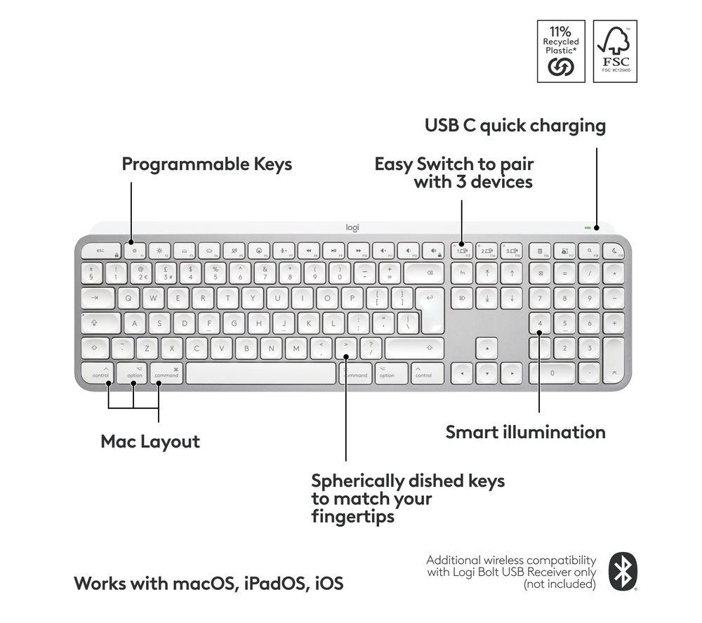 LOGITECH MX Keys S for Mac Wireless Keyboard - Pale Grey