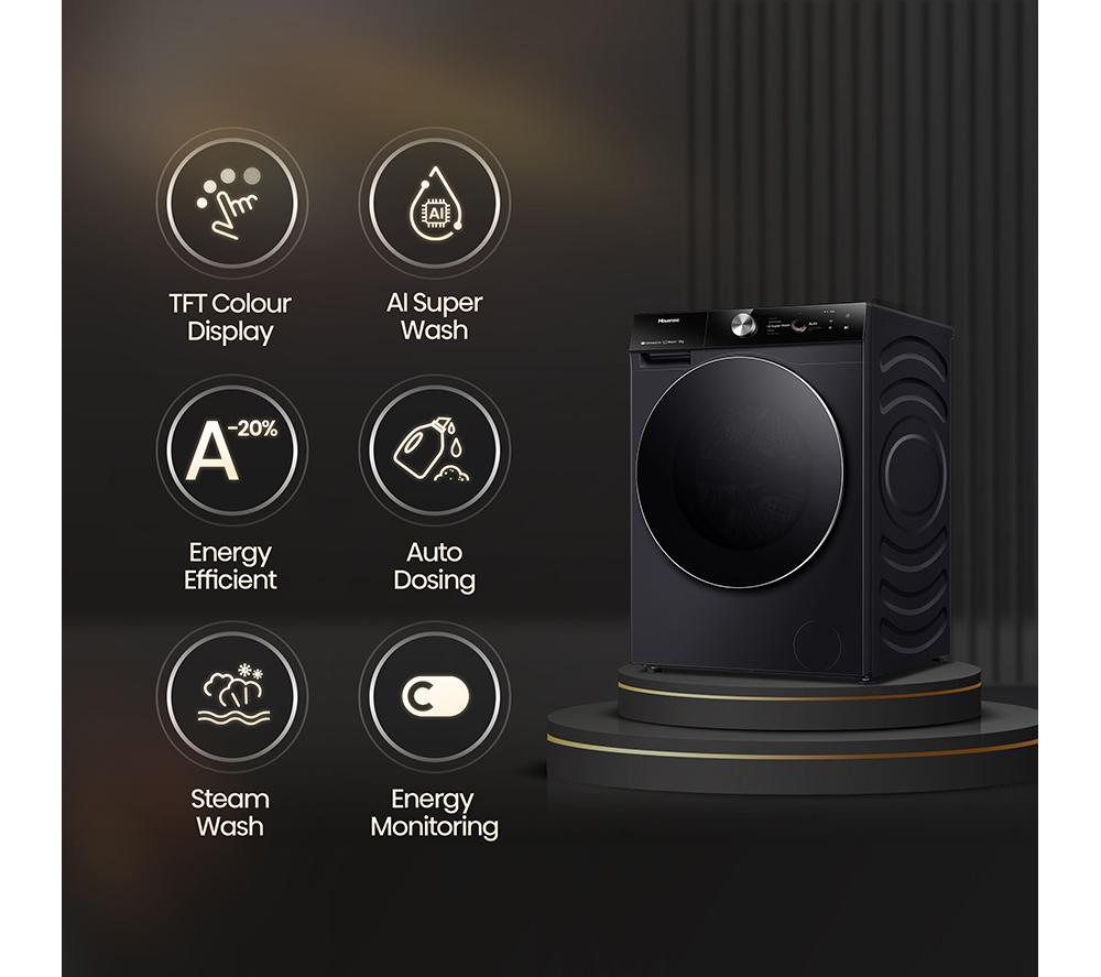 Lavadora HISENSE Serie 7S con dosificación automática WF7S1247BB con IA y WiFi, 12 kg y 1400 rpm – Negro