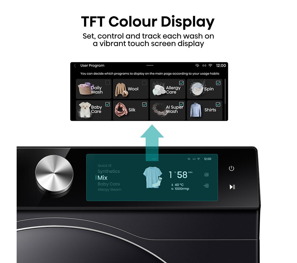 Lavadora HISENSE Serie 7S con dosificación automática WF7S1247BB con IA y WiFi, 12 kg y 1400 rpm – Negro