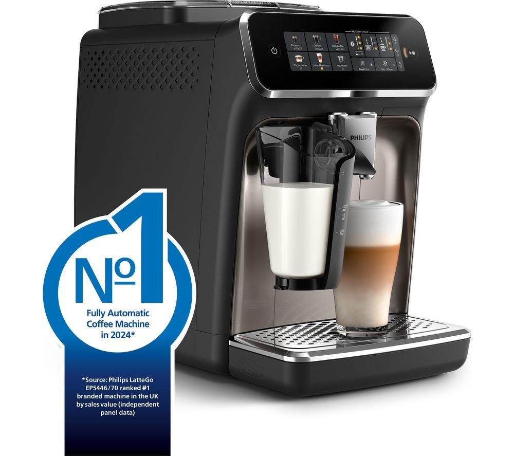 PHILIPS Series 3300 LatteGo EP3347/90 Intelligente Kaffeemaschine mit Mahlwerk – Chrom und Schwarz