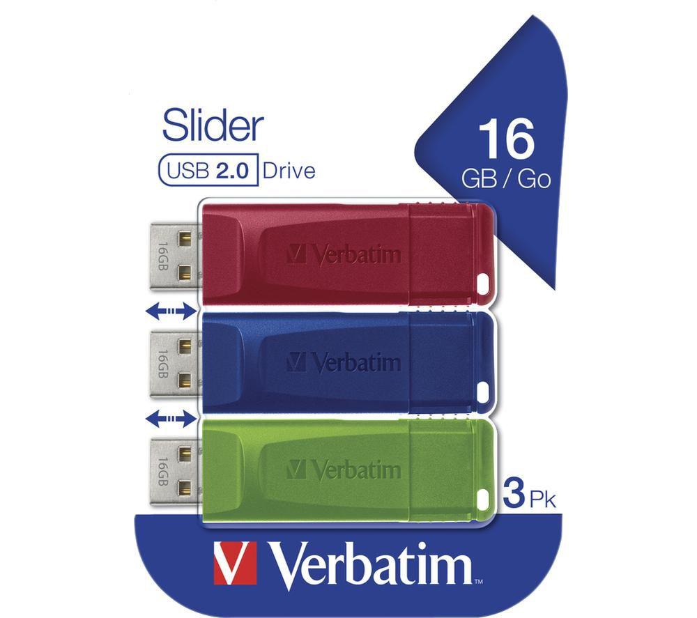 VERBATIM Slider USB 2.0 Memory Stick - 16 GB, Pack of 3