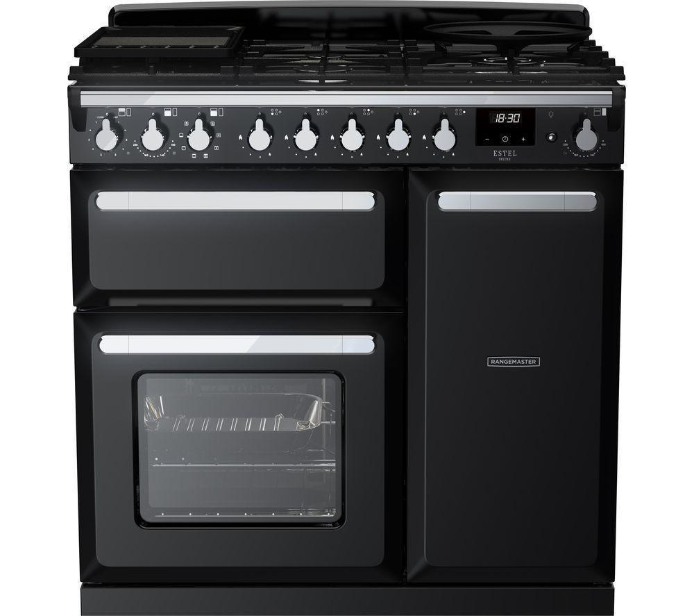 RANGEMASTER ESDL90DFPGBL/CM1 Estel Deluxe 90cm Dual Fuel Range Cooker - Black & Chrome