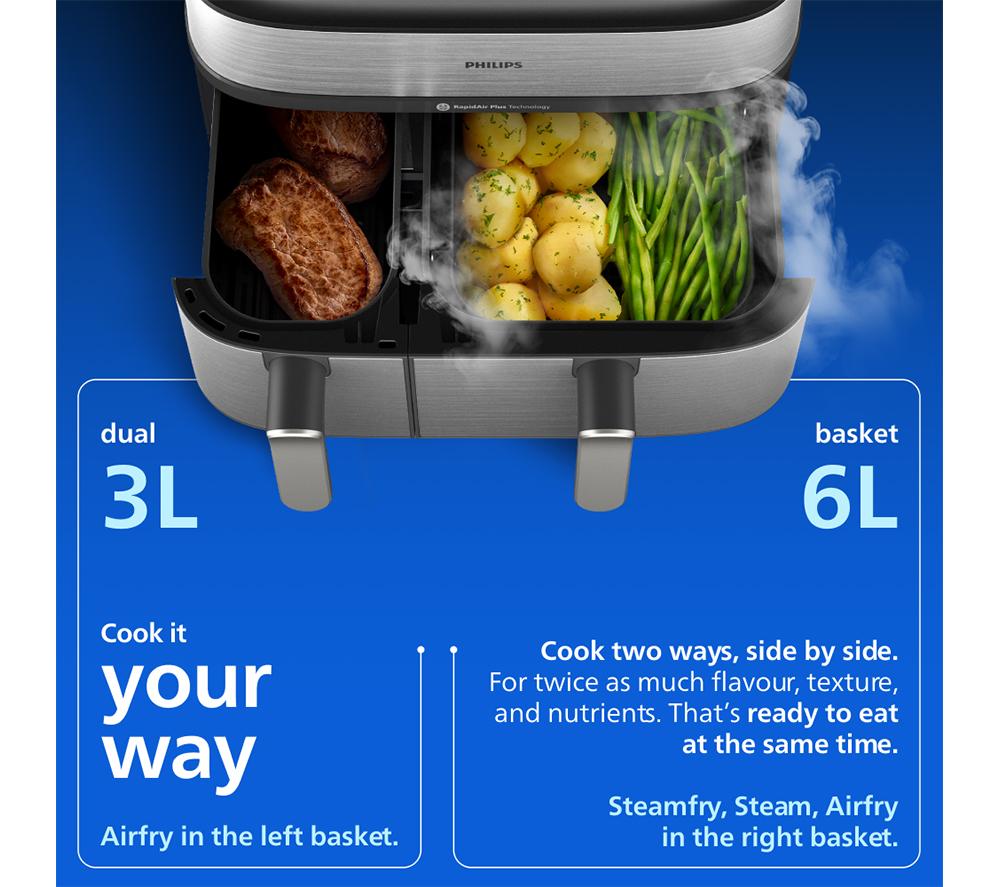 PHILIPS Serie 5000 9L NA555/09 Freidora de aire a vapor de doble cesta – Plateada