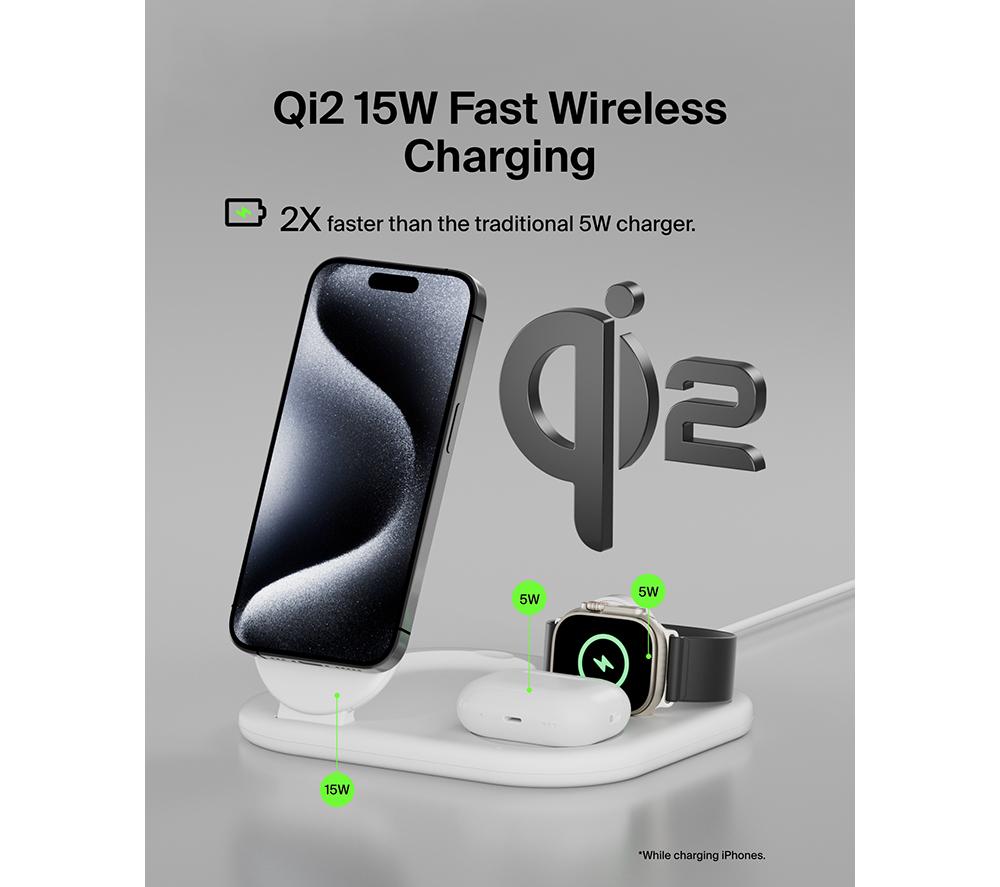 BELKIN BoostCharge Qi2 3-in-1 Magnetic 15 W Wireless Charger - White