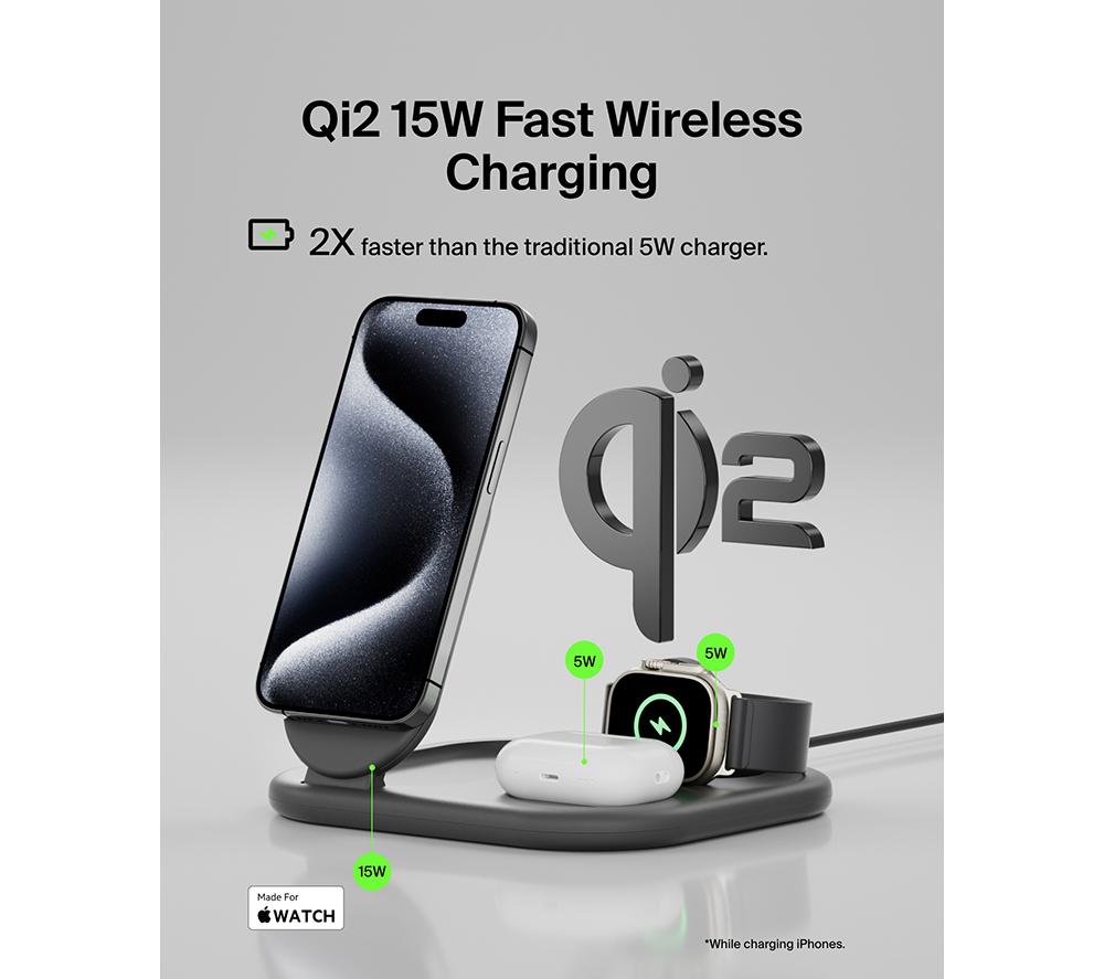 BELKIN BoostCharge Qi2 3-in-1 Magnetic 15 W Wireless Charger - Black