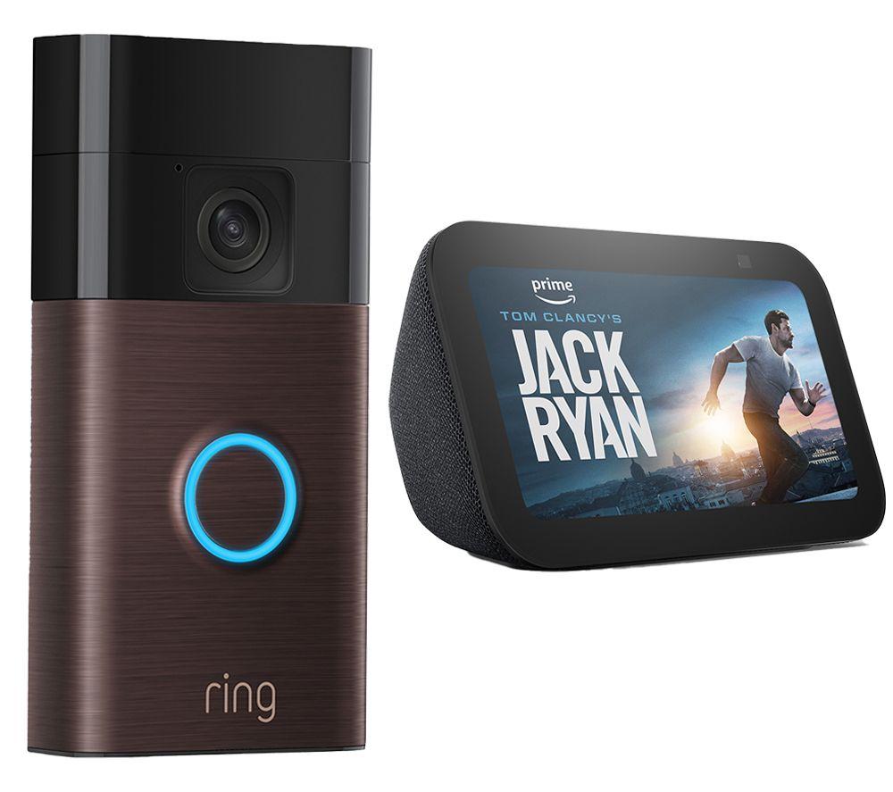 AMAZON Battery Video Doorbell (Venetian Bronze) & Echo Show 5 Smart Display with Alexa (Charcoal) Bundle - 3rd Gen