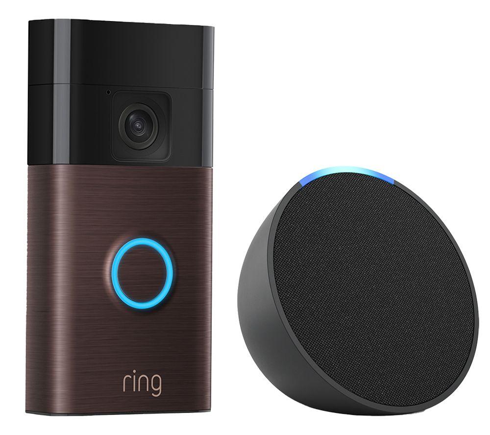 AMAZON Battery Video Doorbell (3rd Gen, Venetian Bronze) & Echo Pop (1st Gen, Charcoal) Smart Speaker with Alexa Bundle