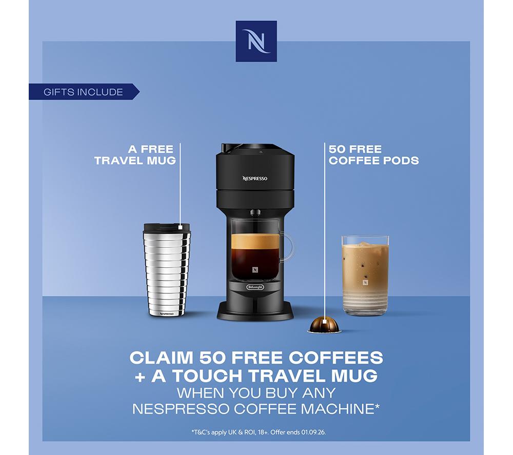 NESPRESSO by De'Longhi Vertuo Next ENV120.WAE Kapselkaffeemaschine mit Aeroccino Milchaufschäumer – Schwarz & Weiß