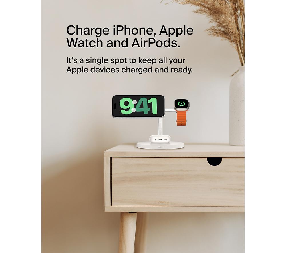 BELKIN BoostCharge Pro Qi2 3-in-1 Magnetic 15 W Wireless Charging Stand - White