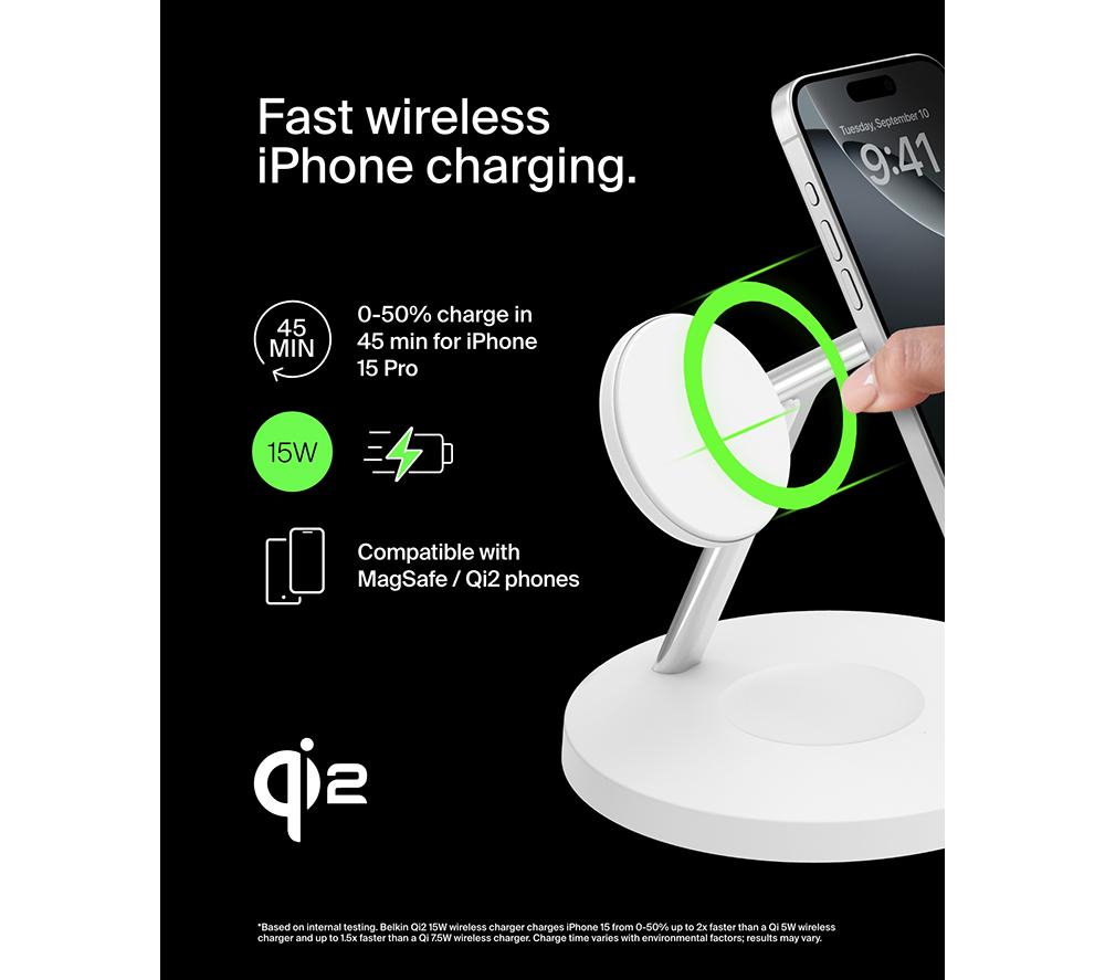 BELKIN BoostCharge Pro Qi2 3-in-1 Magnetic 15 W Wireless Charging Stand - White