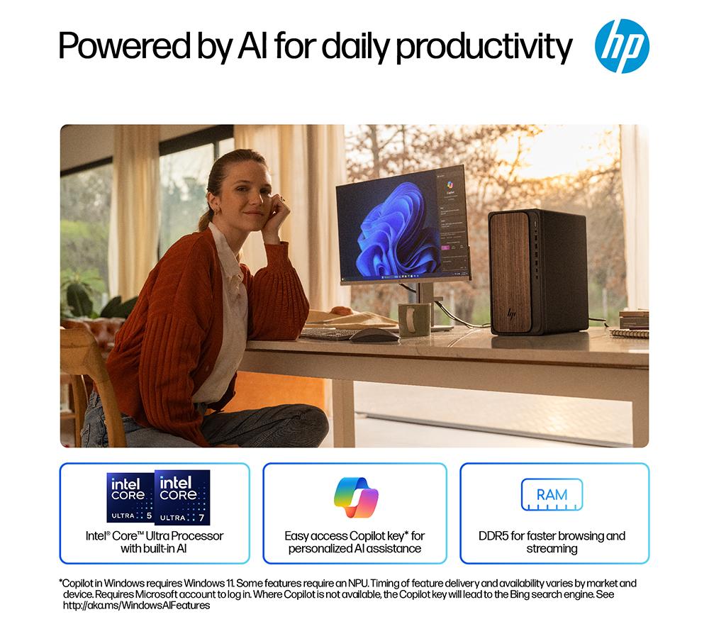 Ordenador de sobremesa con IA HP OmniDesk M03-0001na - Intel® Core™ Ultra 5, 1 TB SSD, madera oscura