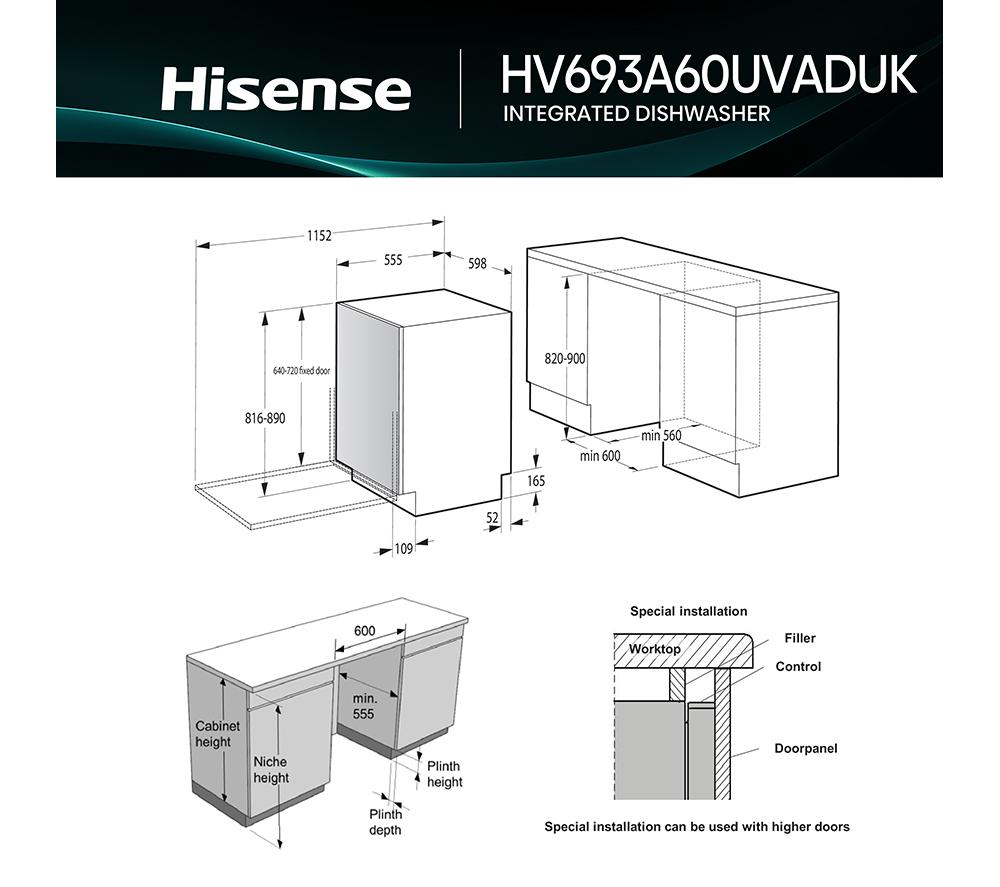 Lavavajillas totalmente integrado de tamaño completo Hisense UV Clean HV693A60UVADUK con WiFi
