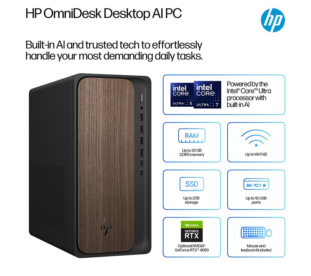 HP OmniDesk M03-0000na AI Desktop PC - Intel® Core™ Ultra 7, 1 TB SSD, Dark Wood