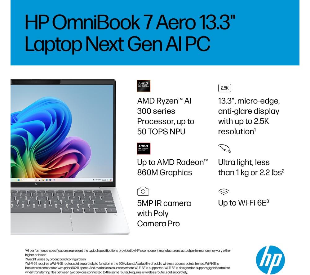 HP OmniBook 7 Aero NGAI 13.3" Laptop - AMD Ryzen AI 5, 512 GB SSD, Glacier Silver