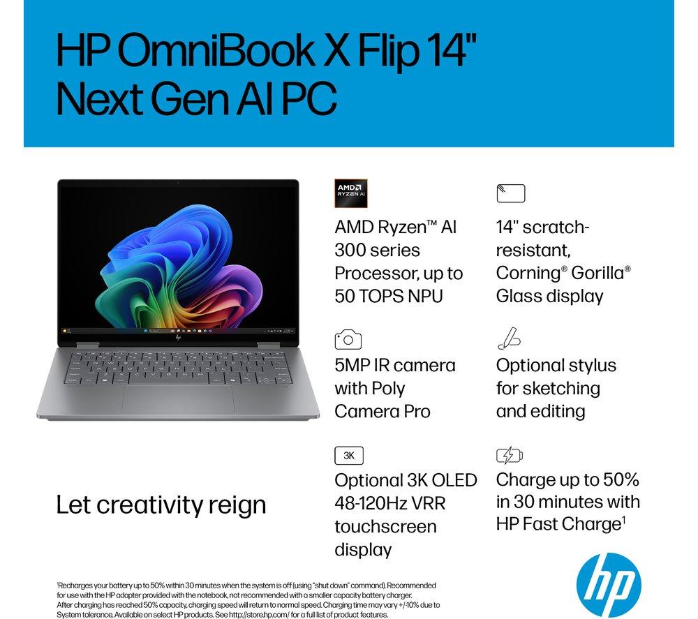 HP OmniBook X Flip NGAI 14" 2 in 1 Laptop - AMD Ryzen AI 7, 1 TB SSD, Meteor Silver
