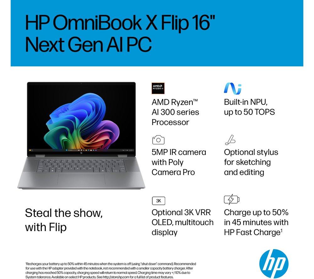 HP OmniBook X Flip NGAI 16" 2 in 1 Laptop - AMD Ryzen AI 7, 512 GB SSD, Meteor Silver