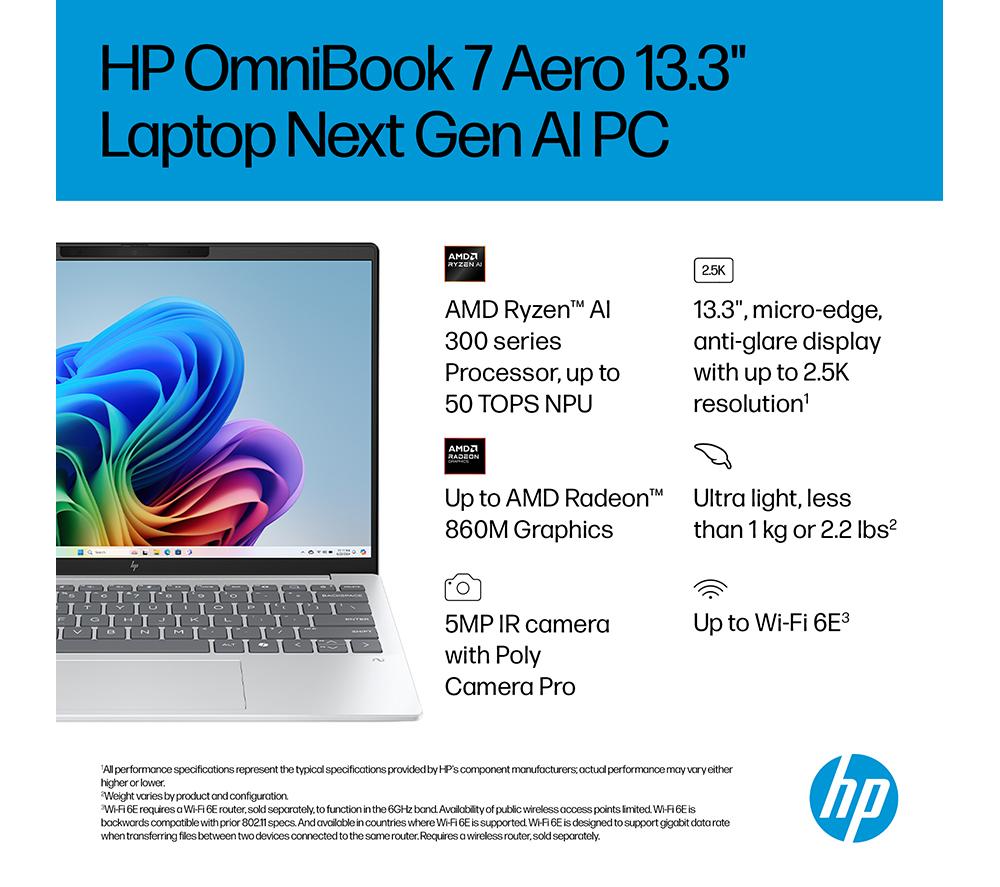 HP OmniBook 7 Aero 13.3" Laptop - AMD Ryzen AI 7, 1 TB SSD, Silver