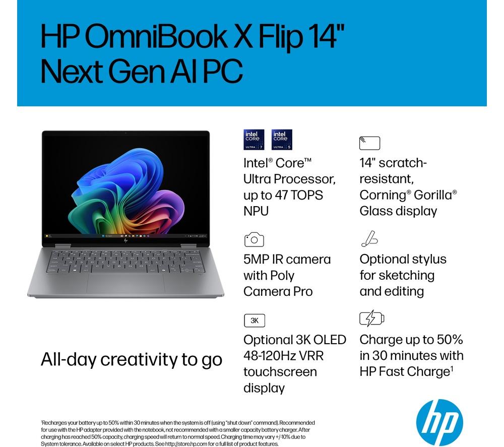 HP OmniBook X Flip NGAI 14" 2 in 1 Laptop - Intel® Core™ Ultra 7, 1 TB SSD, Meteor Silver