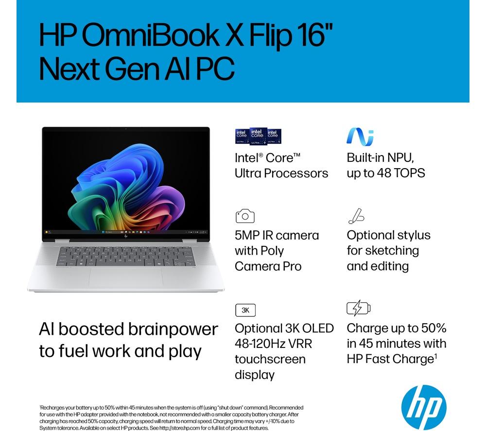 HP OmniBook X Flip NGAI 16" 2 in 1 Laptop - Intel® Core™ Ultra 5, 512 GB SSD, Glacier Silver