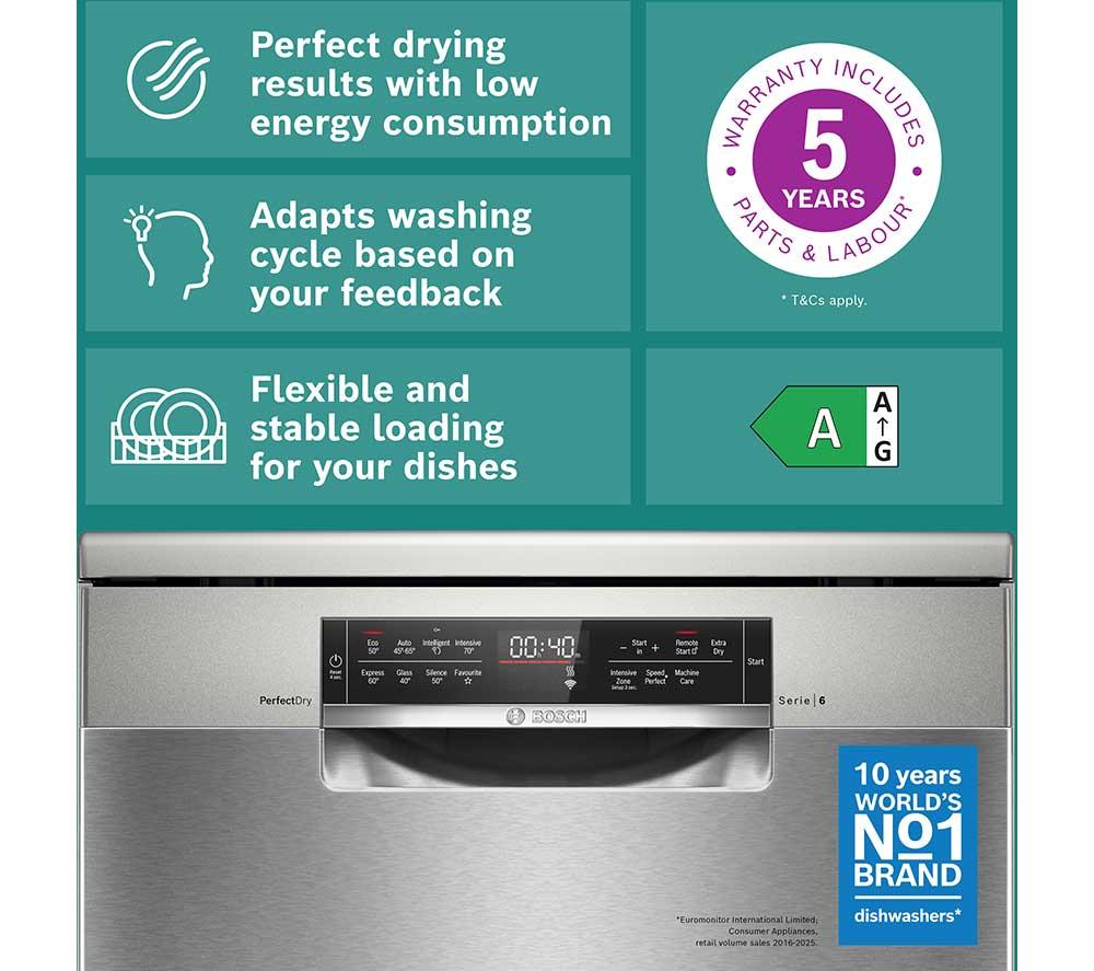 BOSCH Series 6 PerfectDry SMS6TCI02G Full-size WiFi-enabled Dishwasher - Brushed Steel