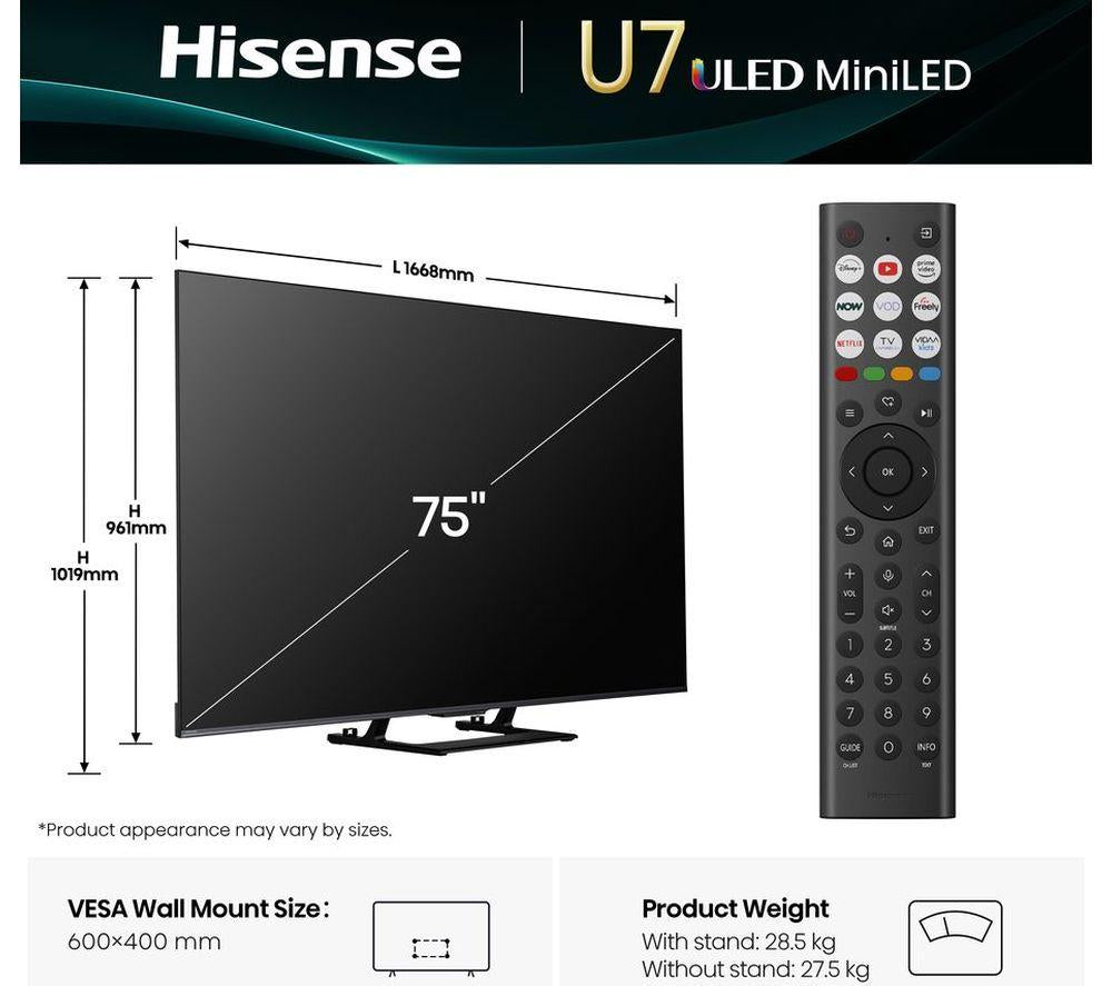 HISENSE 75U7QTUK 75" Smart 4K Ultra HD HDR Mini LED TV