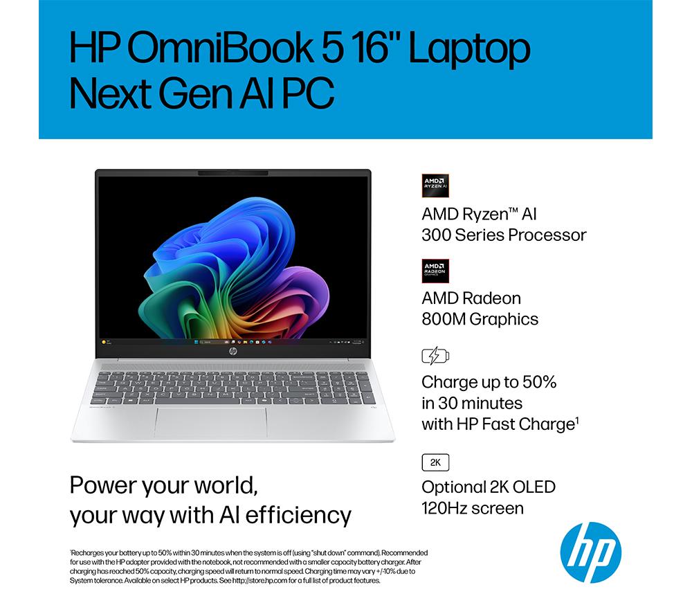 Portátil HP OmniBook 5 NGAI de 16", Copilot+ PC - AMD Ryzen AI 7, SSD de 512 GB, Plata Glaciar