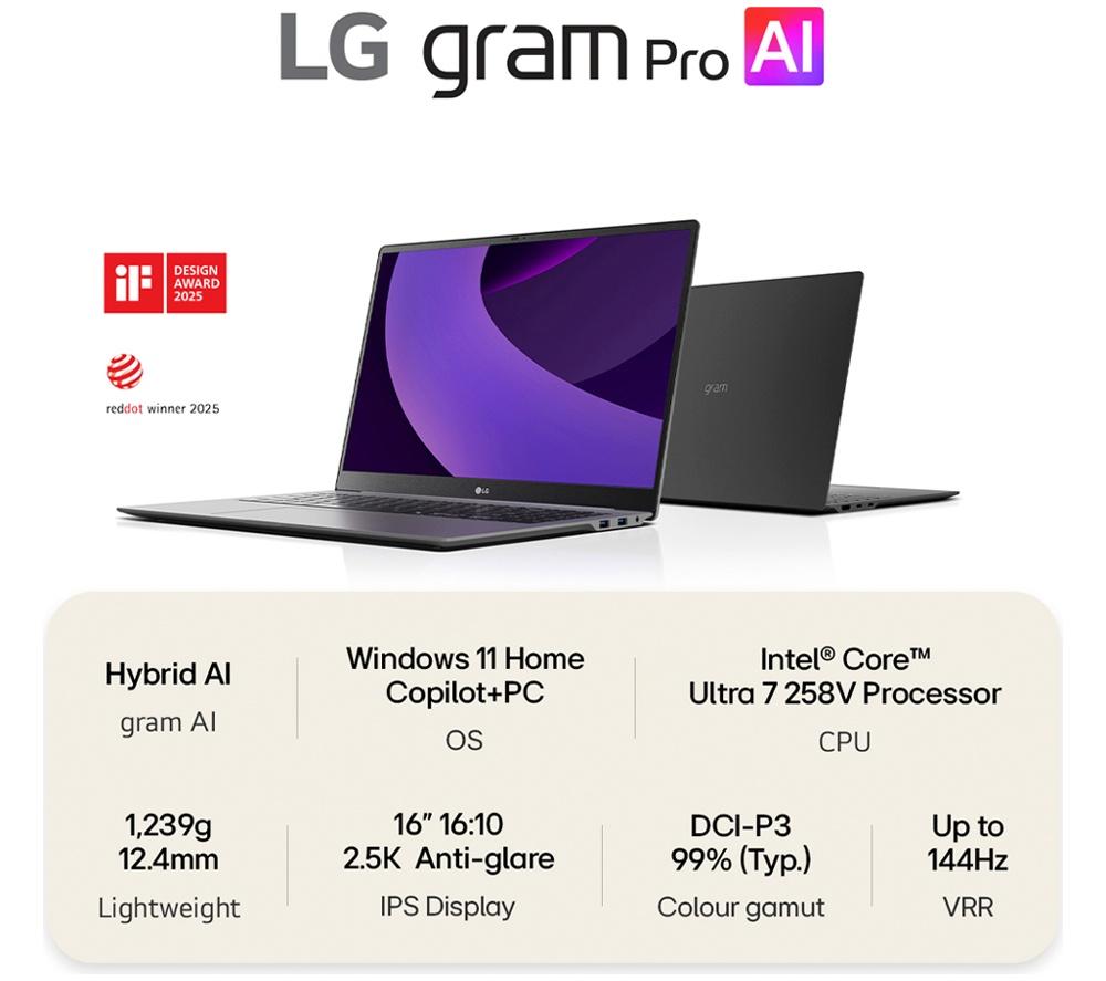 LG gram Pro 16Z90TS-G.AU89A1 16" Laptop, Copilot+ PC - Intel® Core™ Ultra 7, 1 TB SSD, Grey