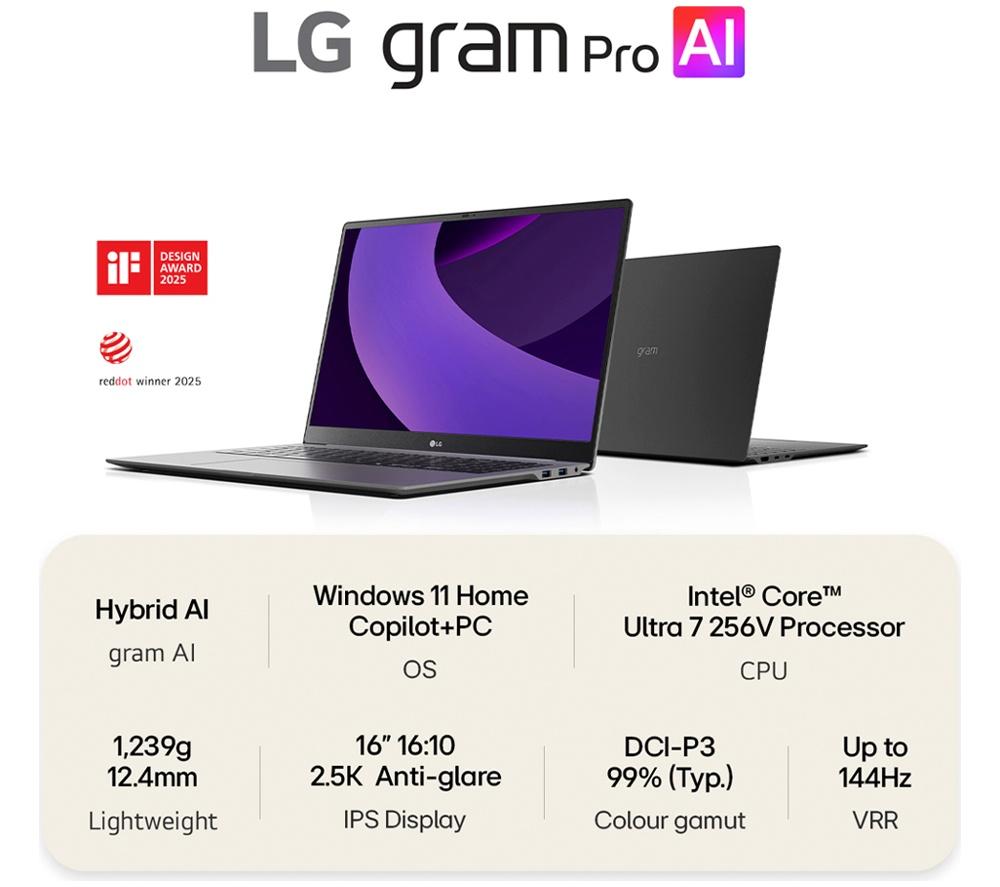 LG gram Pro 16Z90TS-G.AU79A1 16" Laptop, Copilot+ PC - Intel® Core™ Ultra 7, 1 TB SSD, Grey