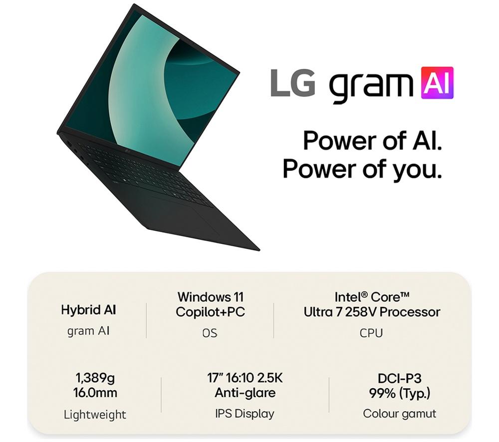 LG gram 17 17Z90TL-G.AU88A1 17" Laptop, Copilot+ PC - Intel® Core™ Ultra 7, 1 TB SSD, Black