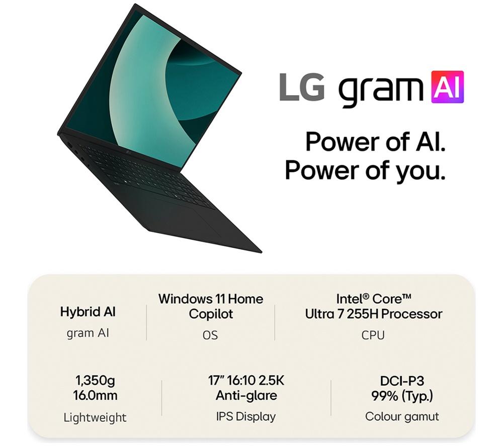 LG gram 17 17Z90T-G.AA78A1 17" Laptop, Copilot - Intel® Core™ Ultra 7, 1 TB SSD, Black