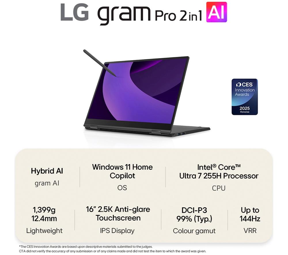 LG gram Pro 16T90TP-G.AA78A1 16" 2 in 1 Laptop - Intel® Core™ Ultra 7, 1 TB SSD, Black