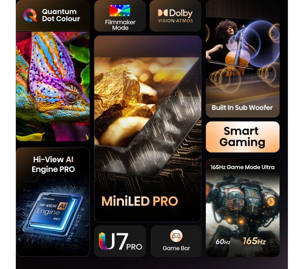 HISENSE U7Q PRO 65" Mini LED 4K 165Hz Smart AI TV with Freely - 65U7QTUK PRO